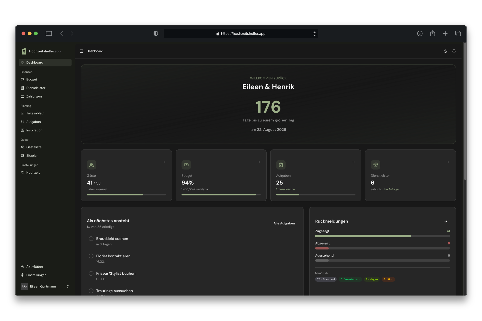 Hochzeitshelfer.app Dashboard