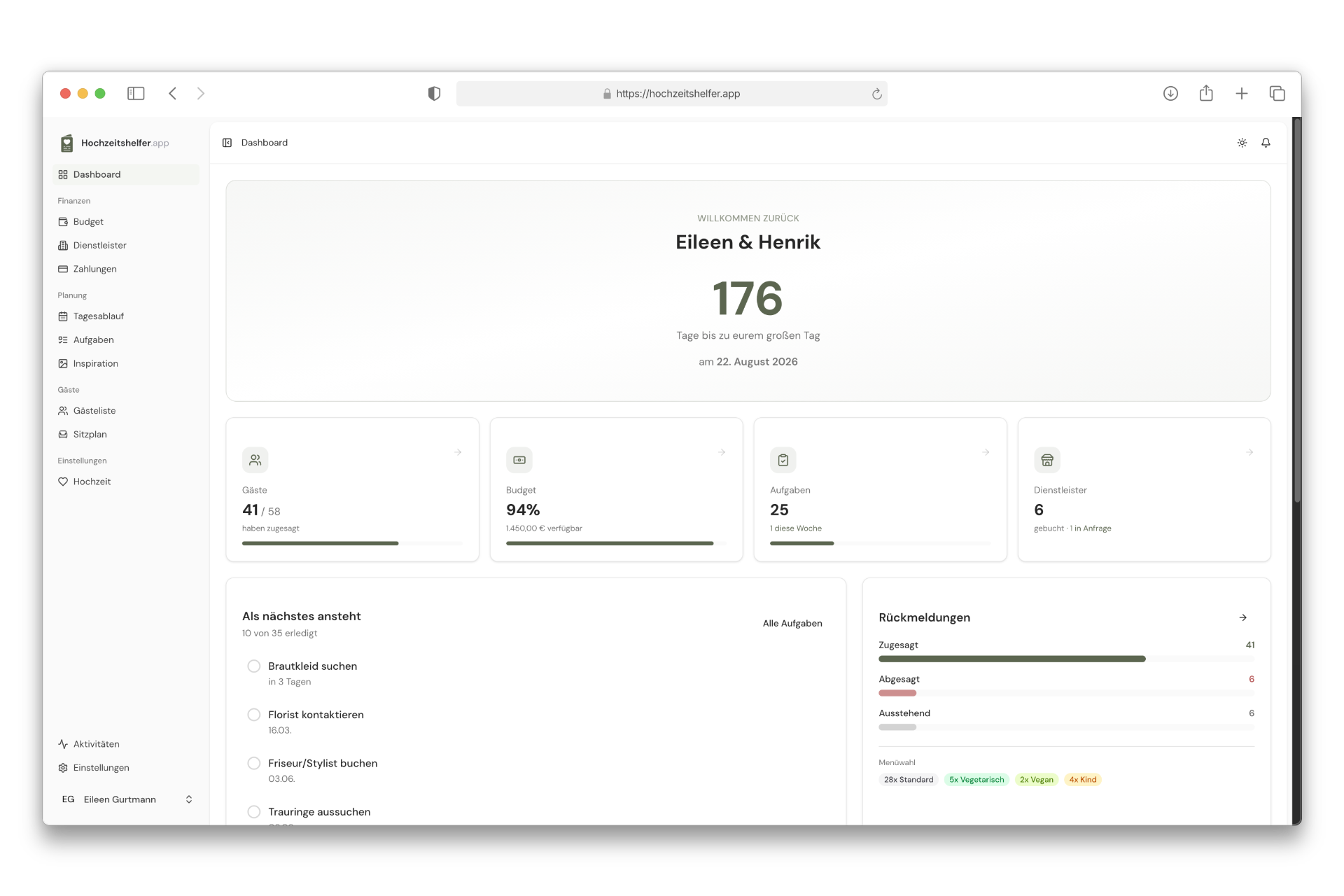 Hochzeitshelfer.app Dashboard